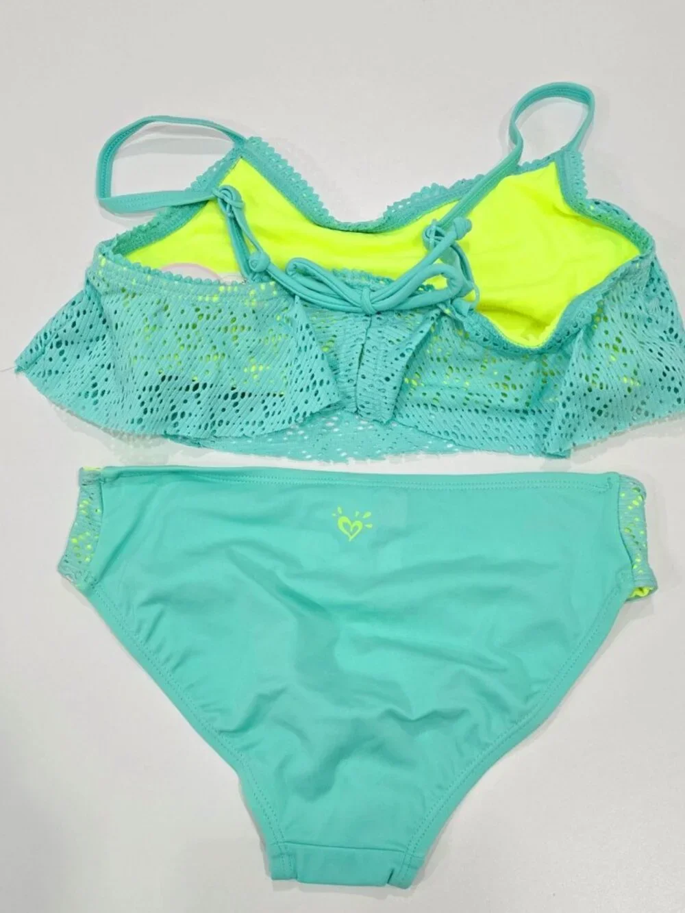 Justice ✦ Girls Two-Piece Swimsuit ✦ Crochet Ruffle Teal Neon Yellow UPF 50+ 10
